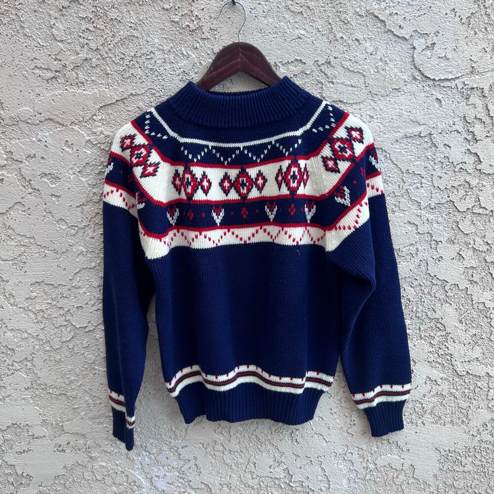 Vintage 70s JCPenney Fair Isle Sweater Acrylic Navy Red White Size Womens Small